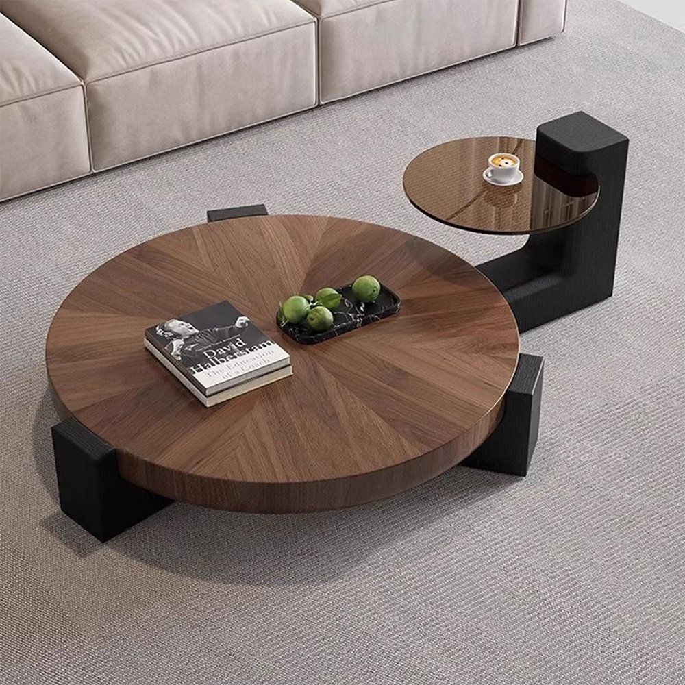 Table Basse Ronde Design - Bois de Noyer & Métal Noir
