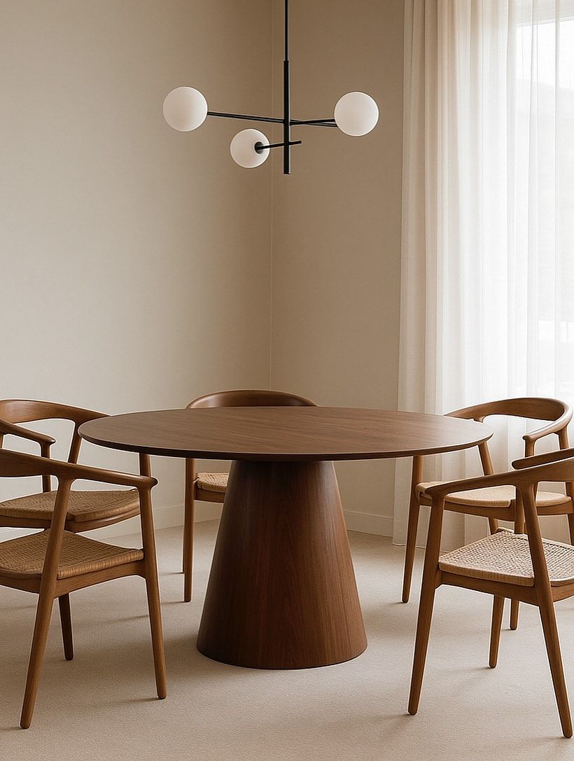 Table à Manger Ronde + 4 Chaises MDF Noyer