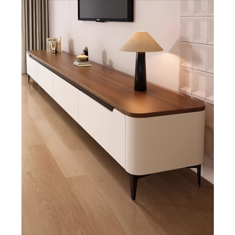 Meuble TV sur Pieds Design - Plateau Noyer & Corps Blanc Crème