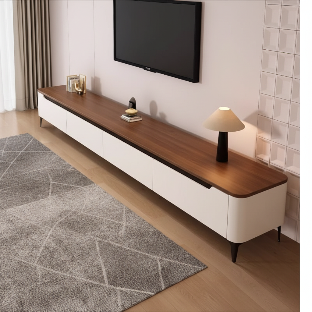 Meuble TV sur pieds vue de dessus salon scandinave