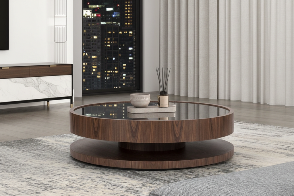 Table basse luxe vue de côté dans penthouse