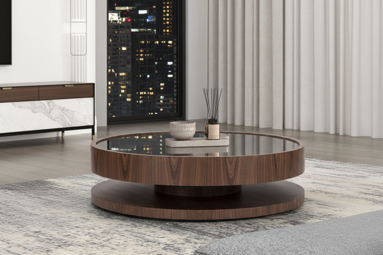 Table basse luxe vue de côté dans penthouse