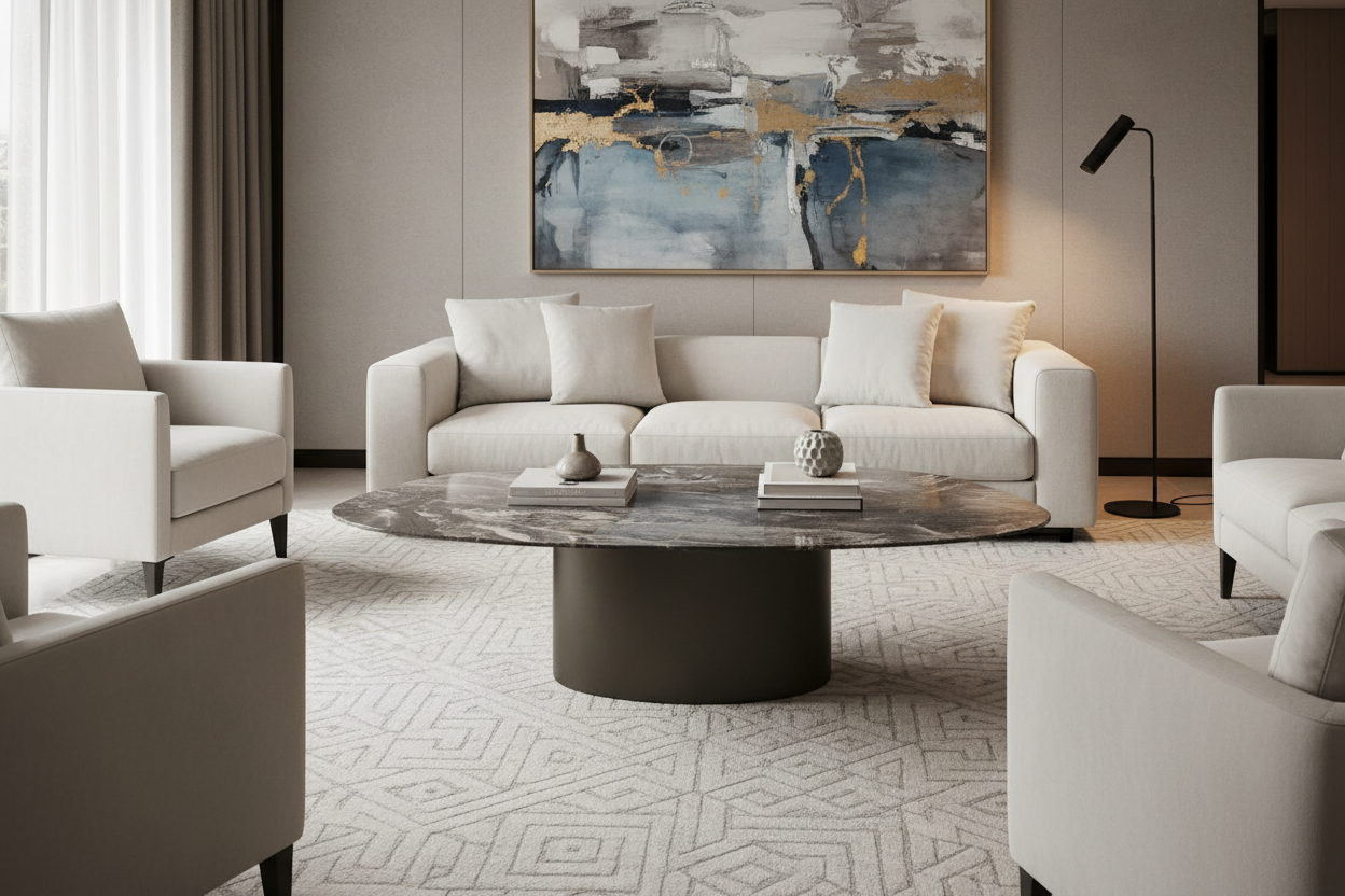 Table basse ovale dans salon luxe contemporain