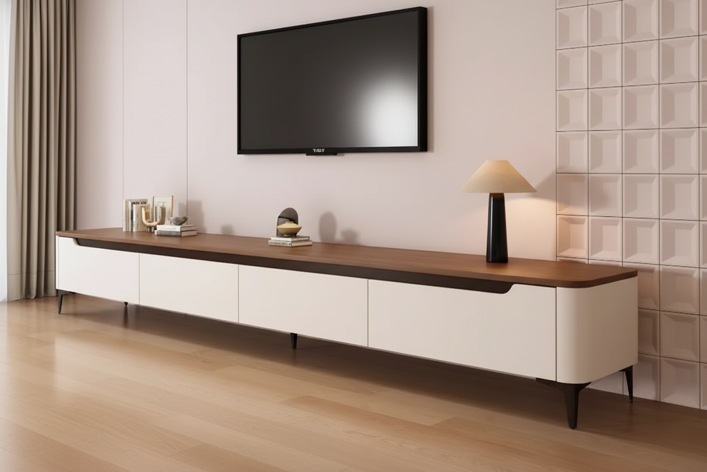 Meuble TV sur pieds vue de face salon moderne